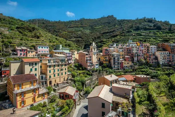 Photo of View at high land part of Manarola village with the ball tower in the center. Cinque Terre National parc in the Northwest of Italy.