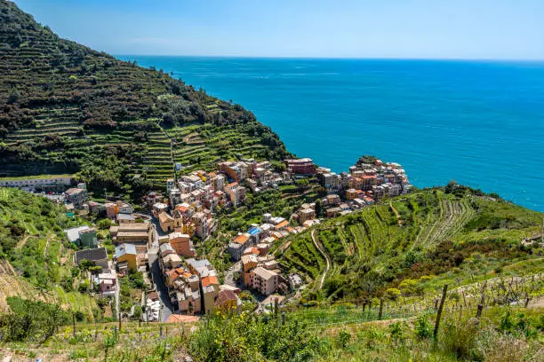 Photo of Manarola village as seen from the Trail 6p pass. Cinque Terre National parc in the Northwest of Italy.