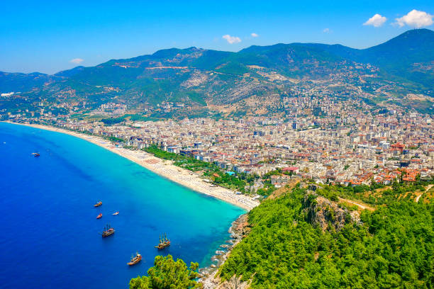 Aerial view of beautiful coast landscape Aerial view of beautiful coast landscape. Klepatra Beach in Alanya, Turkey. alanya stock pictures, royalty-free photos & images
