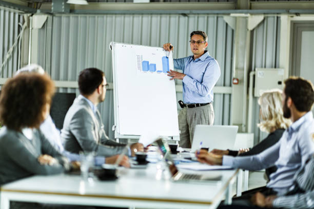 istock Mid adult businessman analyzing chart on a presentation in the office. 1198999601