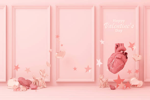 sfondo murale decorato in rosa con cuori rosa con stella rosa e decorazione rendering 3d - february three dimensional shape heart shape greeting foto e immagini stock