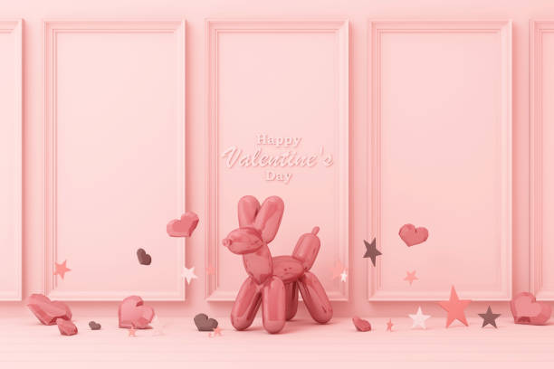 sfondo murale decorato in rosa con cuori rosa con stella rosa e decorazione rendering 3d - february three dimensional shape heart shape greeting foto e immagini stock