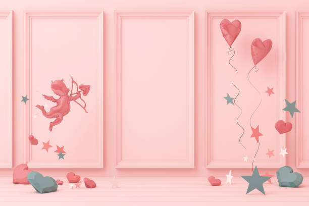 valentine's day concept pink decorate wall background with pink cupid and pink hearts with pink star and decoration 3d rendering - february three dimensional shape heart shape greeting imagens e fotografias de stock