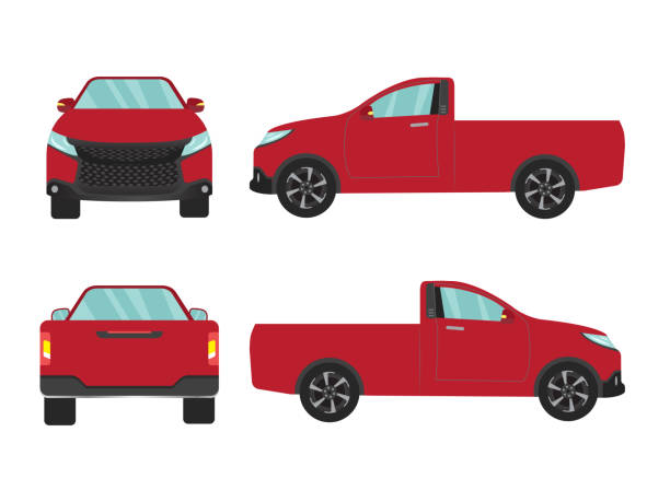 istock Set of red pickup truck single cab car view on white background,illustration vector,Side, front, back 1199000483