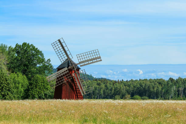 The typical red Swedish windmill standing in the fields full of grain. The rural landscape of the Swedish countryside.