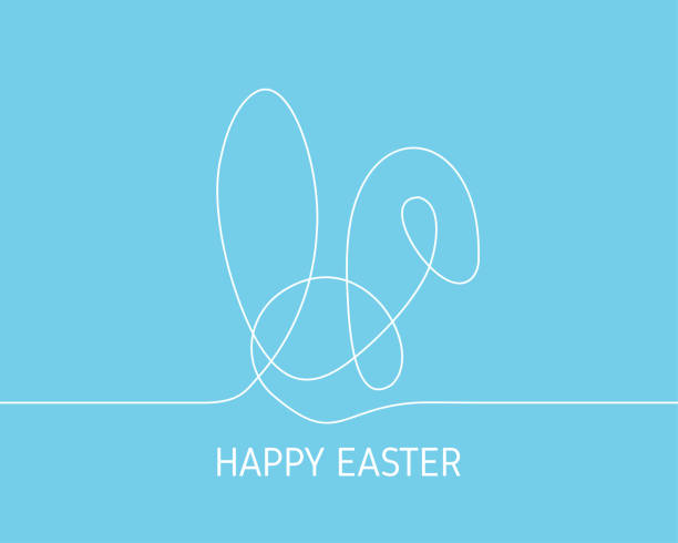 ilustraciones, imágenes clip art, dibujos animados e iconos de stock de simple línea blanca continua dibujando conejito de pascua sobre fondo azul. fondo conceptual minimalista del día de pascua. - rabbit easter easter bunny animal