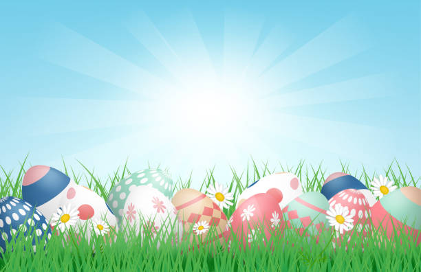 3D Happy Easter background with Colorful Easter Eggs on grass field with sunlight. Vector illustration. Banner, backdrop, spring, poster. 3D Happy Easter background with Colorful Easter Eggs on grass field with sunlight. Vector illustration. Banner, backdrop, spring, poster. easter background stock illustrations