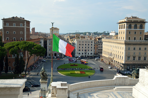 ROME / ITALY - AUGUST 2018: Bronze statues at the 'Altare della Patria' built by architect Giuseppe Sacconi and completed in 1925. The alter of the fatherland is home to a museum and a panoramic lift.