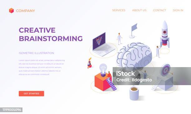Landing Page For Creative Brainstorming Stock Illustration - Download Image Now - Isometric Projection, Human Brain, Blue