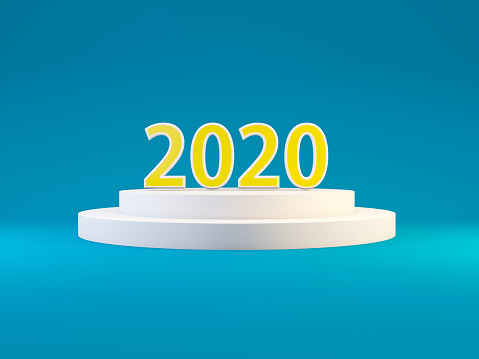2020 New year symbol on white pedestal over blue background. 3D illustration