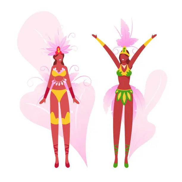 Vector illustration of Brazilian Culture, Carnival in Rio De Janeiro. Brazil Samba Dancer Women Wearing Festival Costume with Colorful Feather Peacock Tail Isolated on White Background. Cartoon Flat Vector Illustration