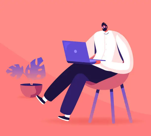 Vector illustration of Young Business Man, Programmer, Creative Outsourced Employee Sitting on Chair Working on Laptop. Freelancer Work Remotely at Home or Coworking Place Using Smart Device Cartoon Flat Vector Illustration