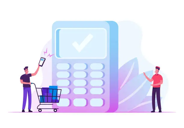 Vector illustration of Man Buyer Holding Smartphone with Application for Online Payment Pushing Trolley with Purchases to Cashier Desk with Salesman Prepare Pos Terminal for Cashless Paying Cartoon Flat Vector Illustration