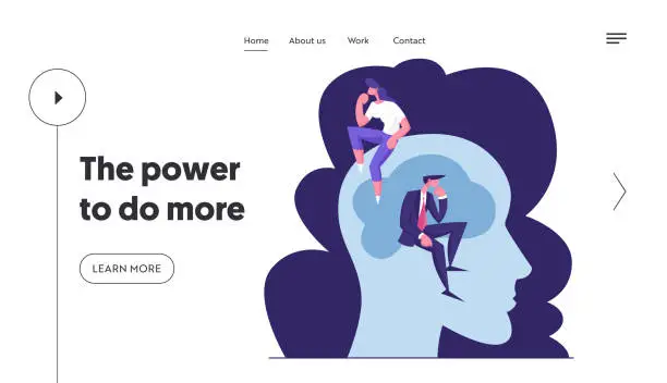 Vector illustration of Creative People Brainstorm and Searching Solution Website Landing Page. Businessman and Businesswoman Sitting on Huge Human Head in Thinking Posture Web Page Banner. Cartoon Flat Vector Illustration