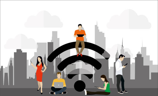 istock People in free internet zone working on laptops sitting on a big wifi sign. Free wifi hotspot, wifi bar, public assess zone, portable device concept. Vector illustration, template. Character design 1199009532
