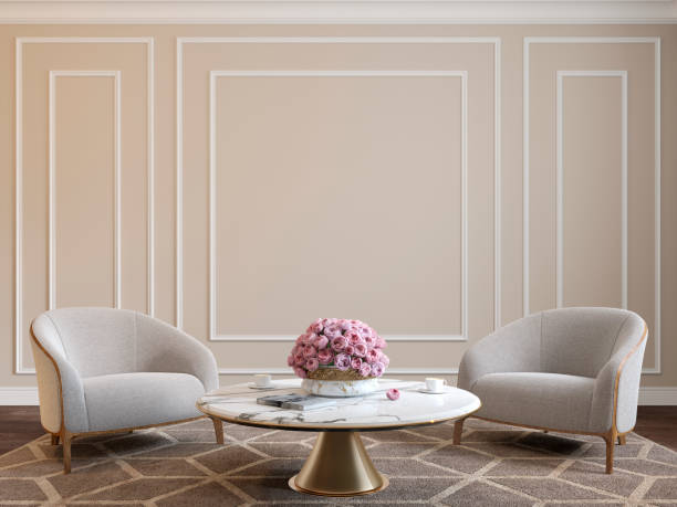istock Classic beige interior with armchairs, coffee table, flowers and wall moldings. 3d render illustration mockup. 1199009728