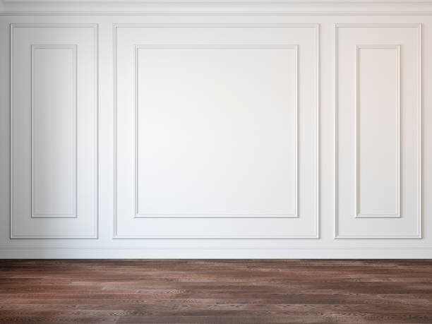 istock Classic white empty interior with wood floor and wall moldings. 3d render illustration mockup. 1199009815
