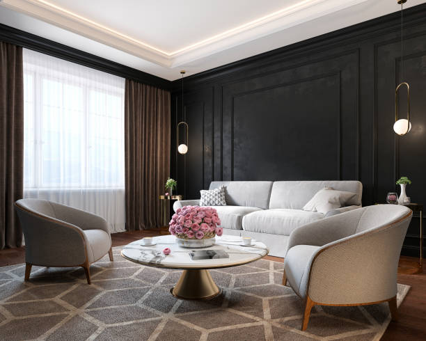 istock Classic black interior with armchairs, sofa, coffee table, lamps, flowers and wall moldings. 3d render illustration mockup. 1199009882