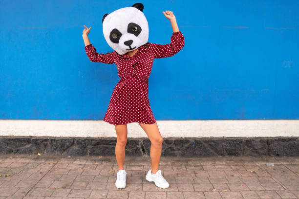 Woman in panda costume dancing Woman in panda costume dancing at the city street carnival mask women party stock pictures, royalty-free photos & images