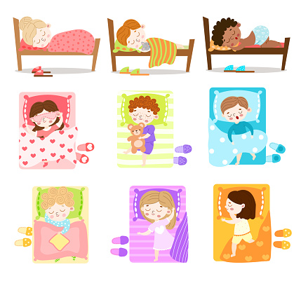 Collection set of cute little girls and boys sleeping in their beds. Slippers lie near the bed. Children resting concept. Colorful vector flat isolated icons set on white background.