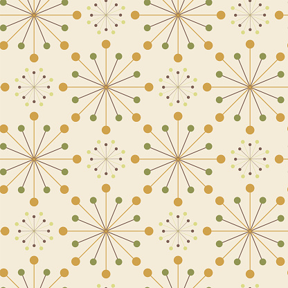 Symmetrical radial seamless pattern of dots. Mid-century style.