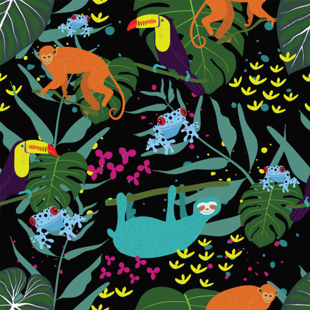 las deszczowy tropikalny wzór dżungli z kolorowymi żabami dart trucizny, toucan, małpa, lenistwo i liście. - gatunek zagrożony obrazy stock illustrations