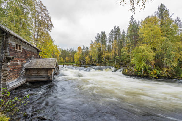 istock Cliff, stone wall, forest, waterfall and wild river panoramic view in autumn. Fall colors - ruska time in Myllykoski. Karhunkierros Trail, Oulanka National Park in north Finland. Lapland, Europe 1199014529