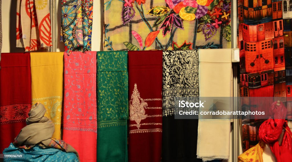 the colors of the oriental fabrics walking in the eastern markets Textile Stock Photo