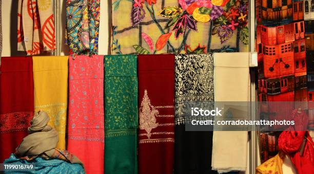 The Colors Of The Oriental Fabrics Stock Photo - Download Image Now - Textile, People, Souk