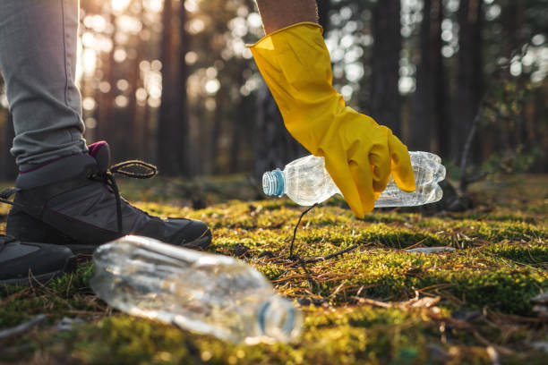 istock Hand in protective glove picking up plastic bottle in forest 1199018602