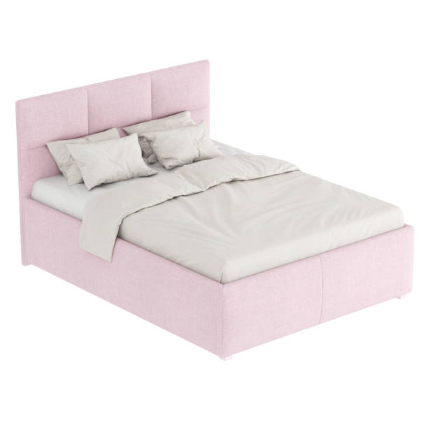 podwójne łóżko z miękką różową tapicerką i jasną pościelą na białym tle. renderowanie 3d - double bed headboard hotel room design zdjęcia i obrazy z banku zdjęć