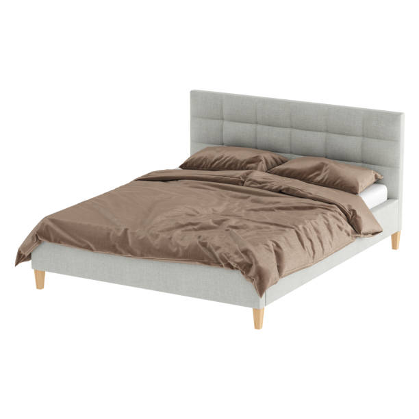 istock A double gray bed with a stitched fabric headboard and brown linen on a white background. 3d rendering 1199018890