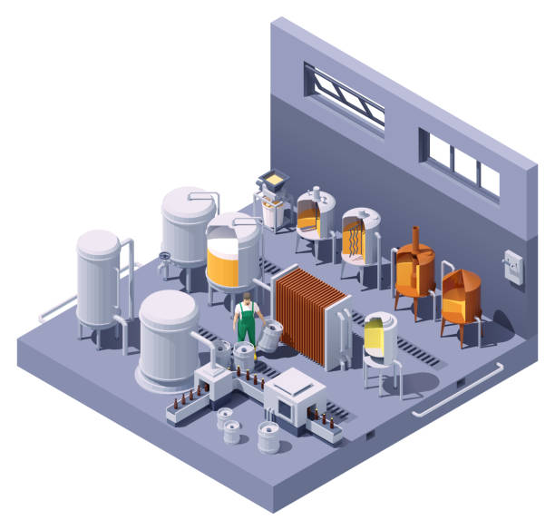 Vector isometric craft beer brewery Vector isometric craft beer brewery interior. Beer brewing process infographic. Brewery equipment and machinery. Beer making process steps. Mashing, lautering, cooling, fermentation, bottling brewery stock illustrations