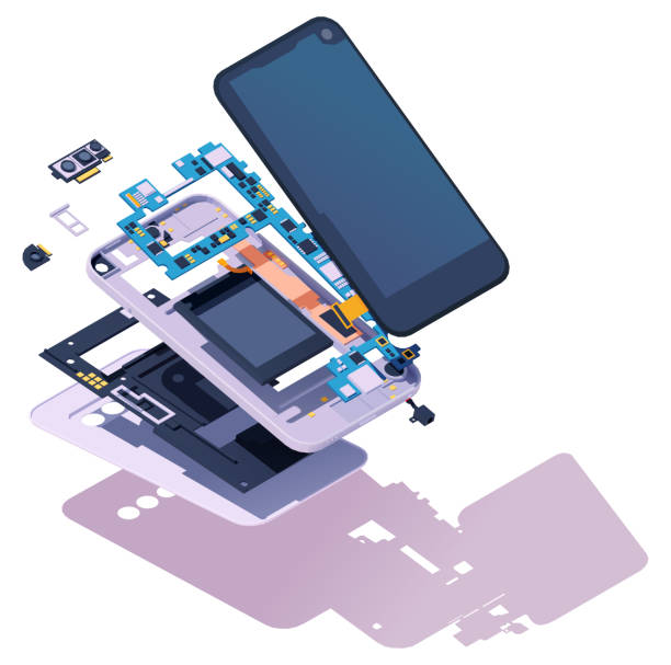 Vector isometric disassembled smartphone Vector isometric disassembled smartphone. Modern smartphone exploded view. Phone disassembly, teardown, or repair disassembling stock illustrations