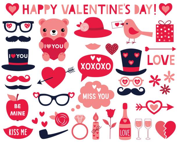 ilustraciones, imágenes clip art, dibujos animados e iconos de stock de san valentía vector clip art y accesorios de cabina de fotos - champagne pink bubble valentines day