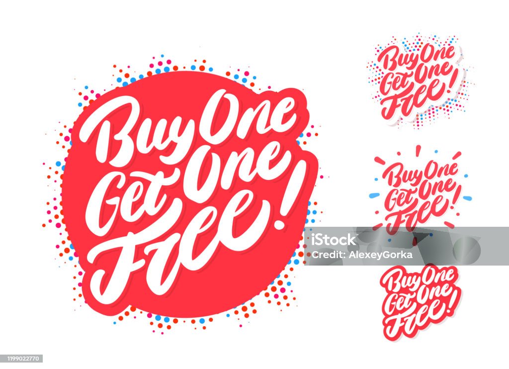 Buy one get one free. Vector lettering. Buy one get one free. Vector hand drawn illustration. BOGO Discount stock vector