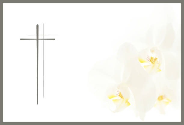 funeral flower Condolence card. frame with white Moon orchids and a cross. Close up of white orchids on light background. Empty place for a text. Appreciation, feelings compliment, mourning frame. Condolences card concept religious cross photos stock pictures, royalty-free photos & images