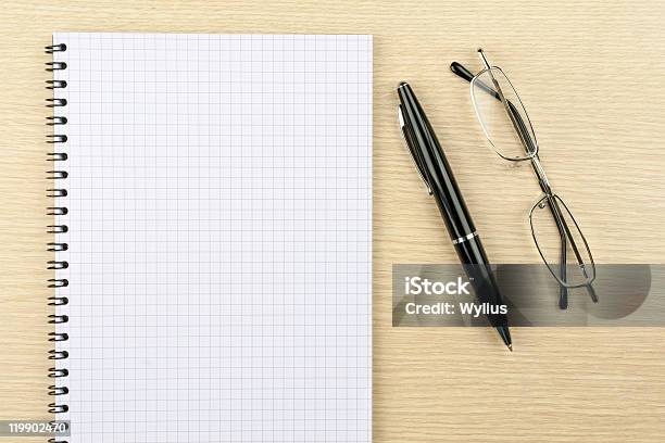 Notebook Glasses And Pen Stock Photo - Download Image Now - Black Color, Blank, Color Image
