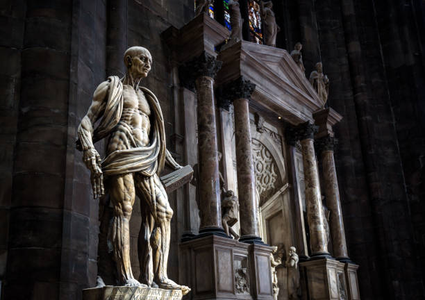 statue of st bartholomew flayed inside the milan cathedral (duomo di milano). scary statue in gloomy gothic interior. - church gothic style cathedral dark imagens e fotografias de stock