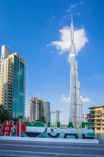 Burj Khalifa Area With Dubai Fountain Hotels And The I Love Uae Sign Stock  Photo - Download Image Now - iStock