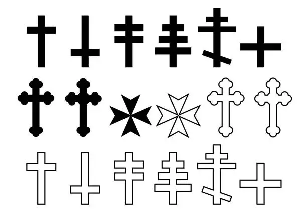 Vector illustration of Set of Black and white illustration of Christian Cross Orthodox Church, Lorraine, Maltese and Greek - vector