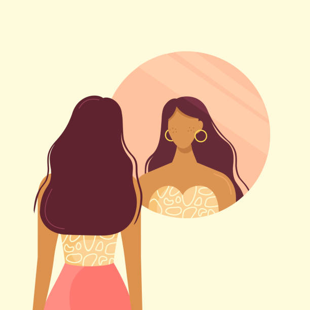 Stylish beautiful girl looks in the round mirror. Young woman and her reflection in the mirror. The girl is going on a date, make up and try on clothes. Vector illustration, flat design. woman mirror stock illustrations