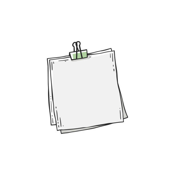 kwadratowe arkusze papieru połączone strzyżenia spinacza - ręcznie rysowane doodle - karteczka samoprzylepna ilustracje stock illustrations