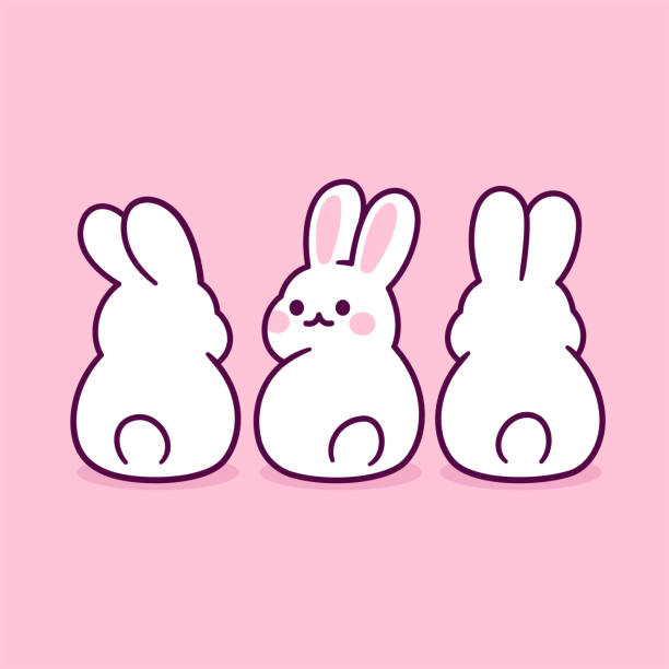 Cute cartoon bunnies Cute cartoon white rabbits sitting from back view, simple drawing. Kawaii bunny butts vector clip art illustration. fluffy rabbit stock illustrations