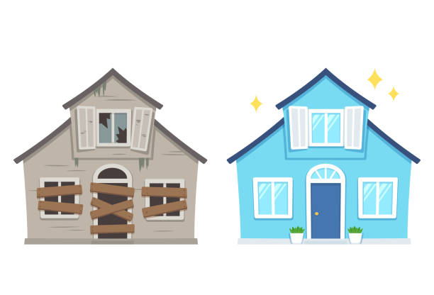 House renovation before and after Fixer upper home renovation before and after. Old run-down house remodeled into cute traditional suburban cottage. Isolated vector illustration, flat cartoon style. anticipation illustrations stock illustrations