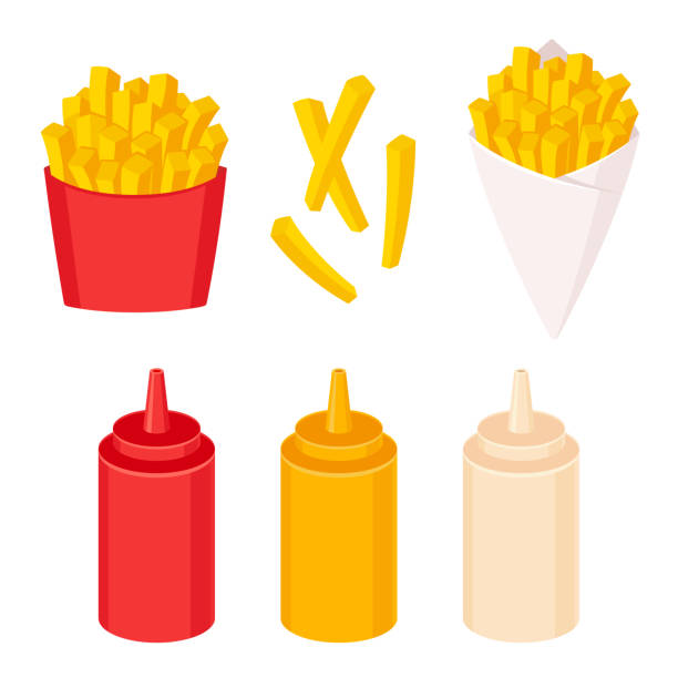 набор иллюстраций для картофеля фри - mustard bottle sauces condiment stock illustrations