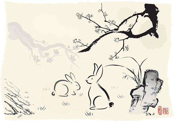 chiński's rok królik atrament malarstwo - bunny painting stock illustrations