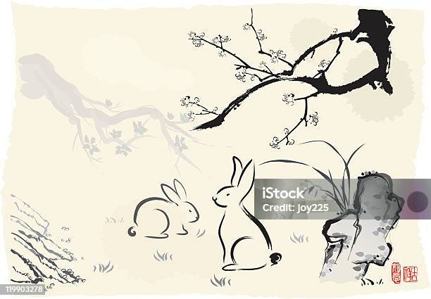Chineses Year Of The Rabbit Ink Painting Stock Illustration - Download Image Now - Rabbit - Game Meat, Rabbit - Animal, Year Of The Rabbit