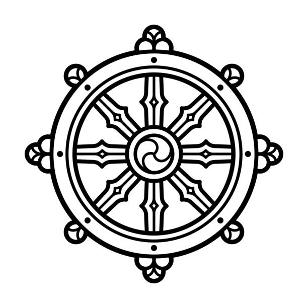 Dharma Wheel symbol Dharmachakra (Dharma Wheel) symbol in Buddhism. Black and white line icon, tattoo design. Isolated vector clip art illustration. dharmachakra stock illustrations