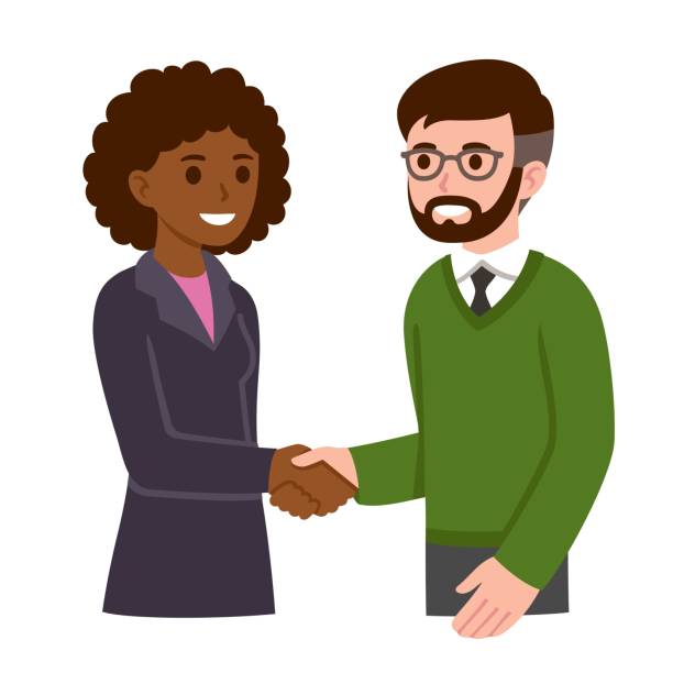 ilustrações, clipart, desenhos animados e ícones de homem e mulher dos desenhos animados que agitam as mãos - isolated smiling business person handshake